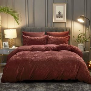PHF Velvet Duvet Cover Set, 3pcs, Queen, Burgundy/Rust Red, 90" x 90"